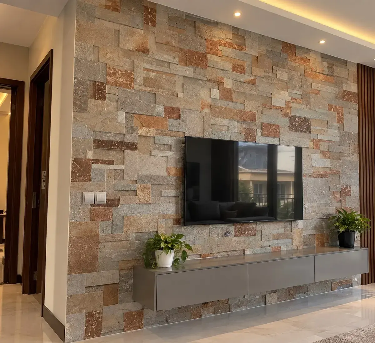 Babati stone feature wall behind a TV unit
