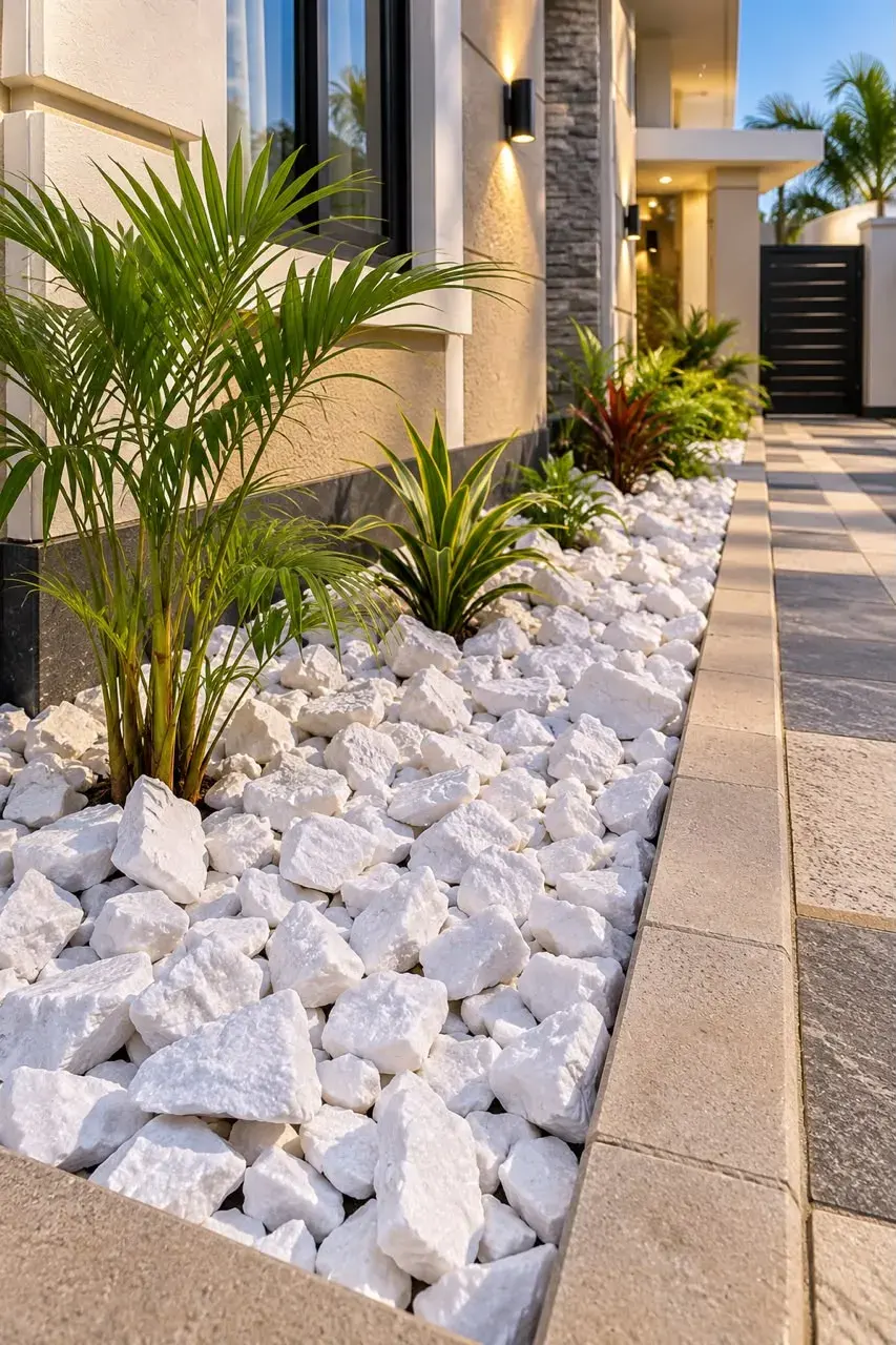 White decorative stones and palms along a house