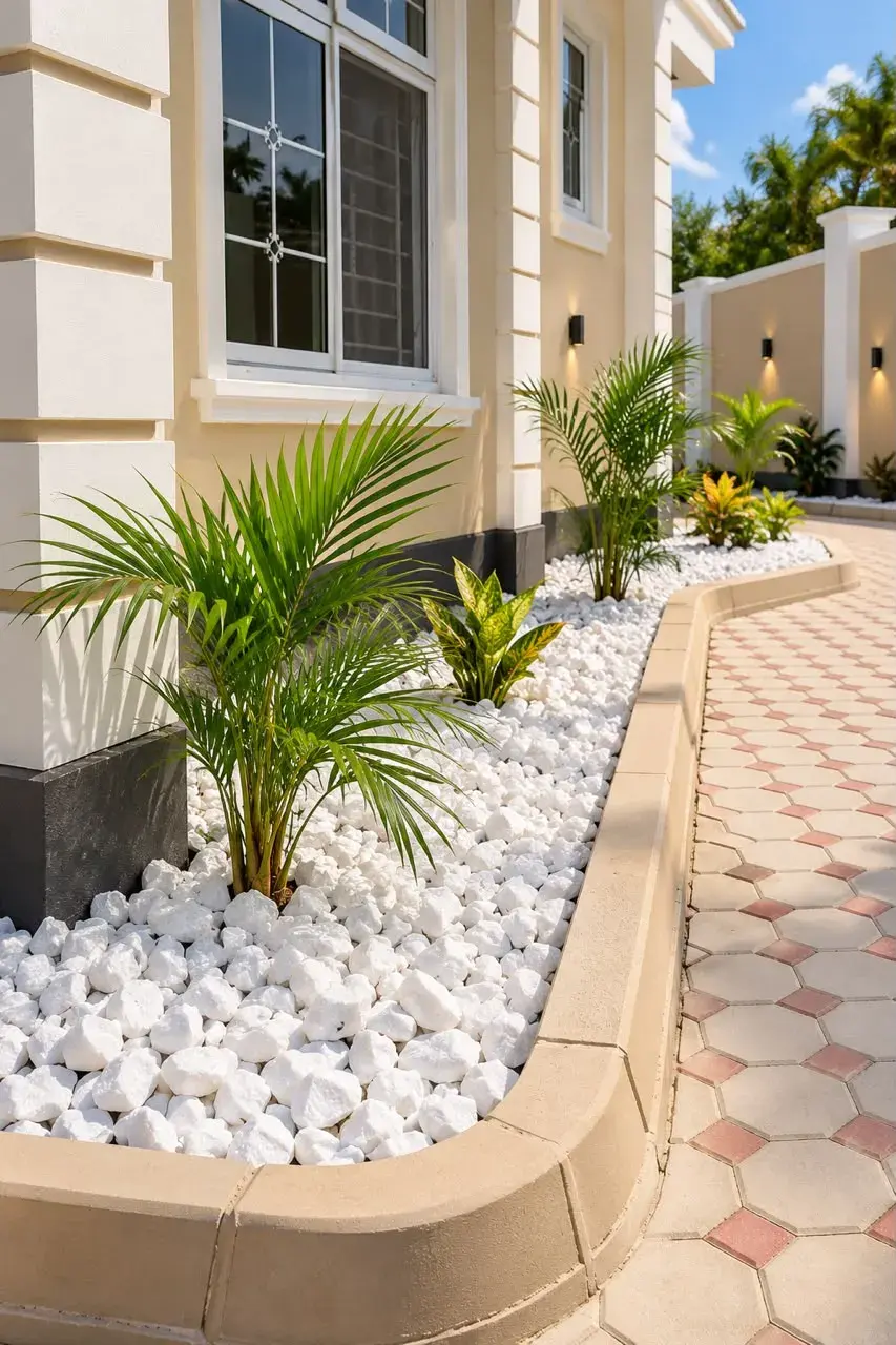 Garden bed with white stones and palms