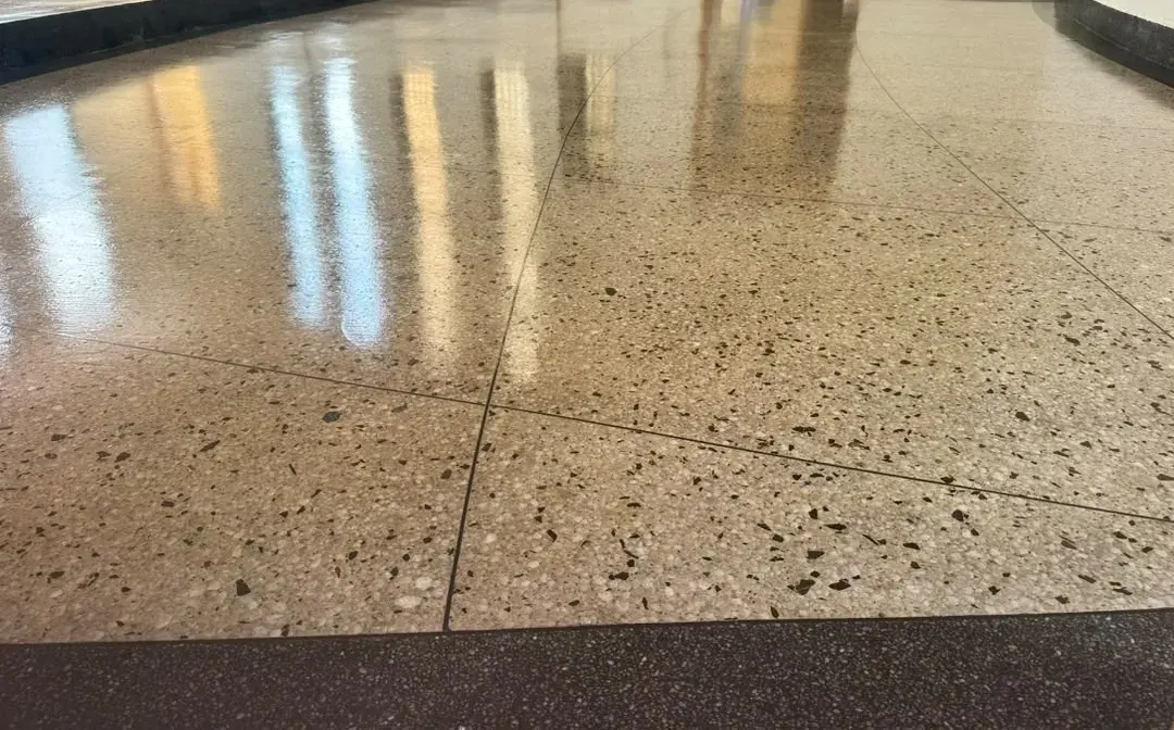 Close-up of a polished terrazzo floor