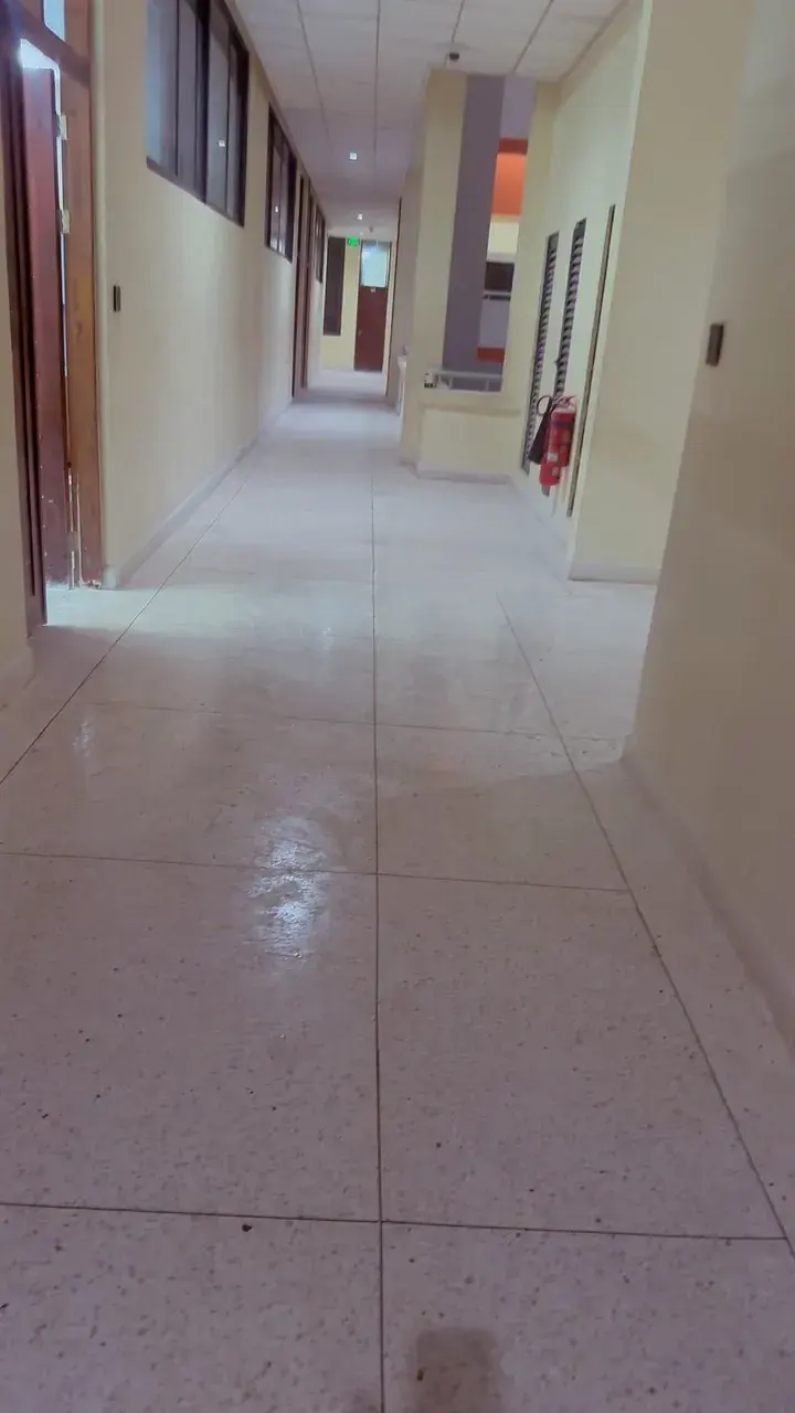 Korido ndefu yenye sakafu ya terrazzo ya rangi nyepesi, DIT